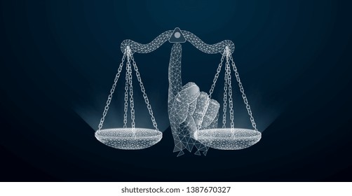 Abstract image of a Scales of justice in the form of a  wireframe on the index finger, consisting of , lines, and shapes. Vector wireframe concept.