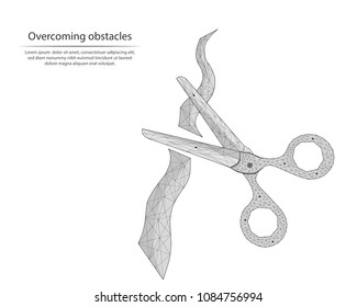 Abstract image of scissors cutting the ribbon in the form of lines and dots consisting of triangles and geometric shapes. Low polyvector.