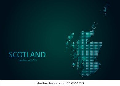 Abstract Image Scotland Map Pixel look Emerald Green and Glowing Stars on a Dark Background. Vector illustration Eps 10.