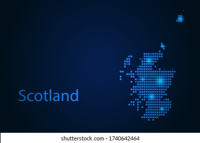 Abstract image Scotland map from pixels blue and glowing stars on a dark background. Vector illustration eps 10.