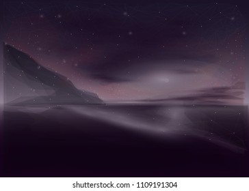 Abstract image of the sea and mountains in the form of a starry sky, consisting of lines, points in the form of stars