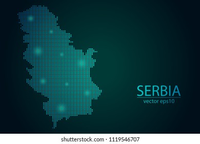 Abstract Image Serbia Map Pixel look Emerald Green and Glowing Stars on a Dark Background. Vector illustration Eps 10.