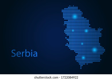 Abstract image Serbia map from pixels blue and glowing stars on a dark background. Vector illustration eps 10.