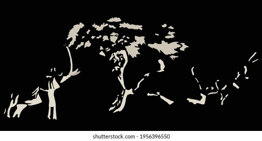 abstract image, the shadow of an elephant eating leaves from a tree, trees in africa, black and white illustration, outline, skinned