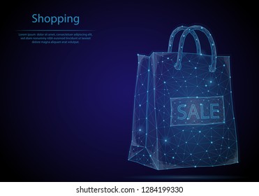 Abstract image Shopping bag in the form of a starry sky or space, consisting of points, lines, and shapes in the form of planets, stars and the universe. Low poly vector background.