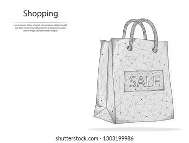 Abstract image shopping bag in the form of lines and dots, consisting of triangles and geometric shapes. Low poly vector background.