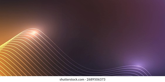 La Imagen Abstractas muestra líneas curvas en tonos de amarillo que crean un patrón ondulado contra un fondo degradado que va desde el púrpura profundo hasta el naranja cálido, ofreciendo una sensación de movimiento