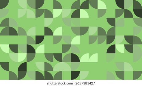 La Imagen abstracta muestra una disposición única de Formas geométricas en varios tonos verdes, combinando curvas y circunferencias con opacidades contrastantes para un aspecto moderno.