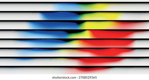 Una Imagen abstracta muestra colores primarios de azul, amarillo y rojo que sangran a través de Horizontales barras blancas, creando un efecto de degradado fluido.