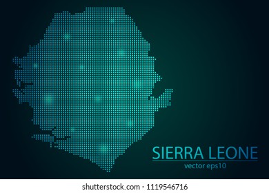 Abstract Image Sierra Leone Map Pixel look Emerald Green and Glowing Stars on a Dark Background. Vector illustration Eps 10.