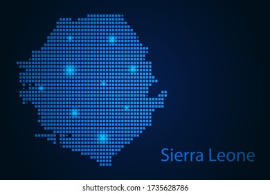 Abstract image Sierra Leone map from pixels blue and glowing stars on a dark background. Vector illustration eps 10.