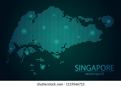 Abstract Image Singapore Map Pixel look Emerald Green and Glowing Stars on a Dark Background. Vector illustration Eps 10.