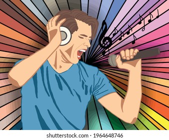 abstract image of a singing man, a man singing on a colored retro background, musical notes