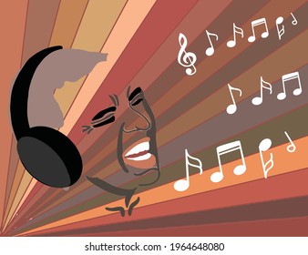 abstract image of a singing man, outline of a head on a colored retro background, musical notes