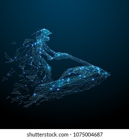 Abstract image of ski jet in the form of a starry sky or space, consisting of points, lines, and shapes in the form of planets, stars and universe. Vector sport illustration with destruction