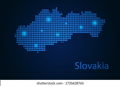 Abstract image Slovakia map from pixels blue and glowing stars on a dark background. Vector illustration eps 10.