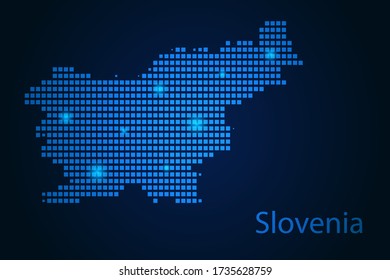 Abstract image Slovenia map from pixels blue and glowing stars on a dark background. Vector illustration eps 10.