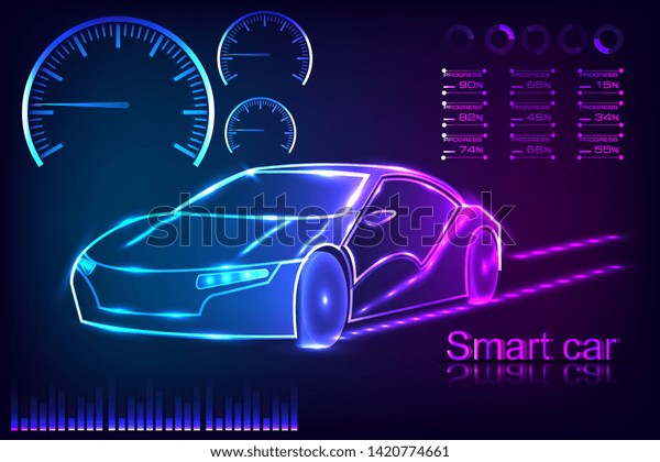 Abstract image of a\
smart or intelligent car in the form of neon lights. Futuristic\
automotive\
technology.