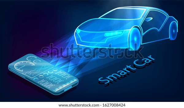 Abstract image of a smart or\
intelligent car in which all processes are controlled from a mobile\
phone in the form of neon lights. Futuristic car\
technology.