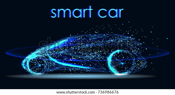 Abstract image of a smart or intelligent car\
in the form of a starry sky or space, consisting of points, lines,\
in the form of planets,stars and the universe. Futuristic\
automotive\
technology.