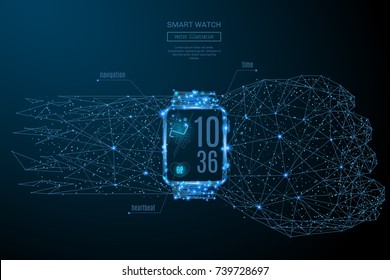 Abstract image of a Smart watch in the form of a starry sky or space, consisting of points, lines, and shapes in the form of planets, stars and the universe. Vector Technology concept. Gadget image