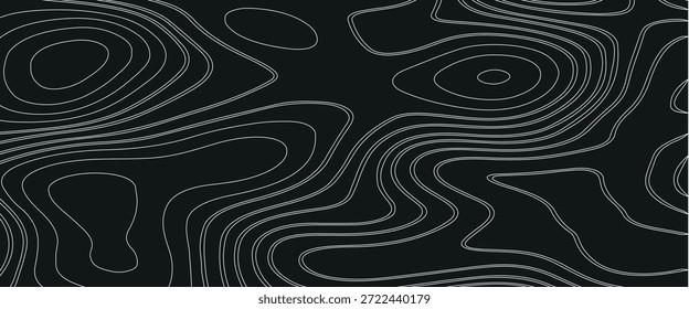 ein abstraktes Bild glatter Konturlinien - ähnlich einer topografischen Karte oder der Textur eines Baumes - in weicher weißer Farbe auf schwarzem Hintergrund gemalt.