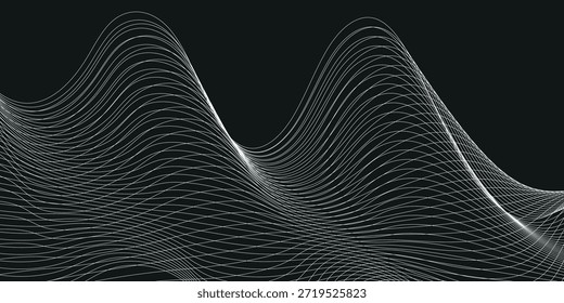 Una Imagen abstracta con líneas suaves y onduladas sobre un fondo negro. Crea un efecto de profundidad, movimiento e ilusión óptica, como si fuera una visualización de ondas de sonido, luz o DI abstracto