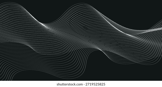 Una Imagen abstracta con líneas suaves y onduladas sobre un fondo negro. Crea un efecto de profundidad, movimiento e ilusión óptica, como si fuera una visualización de ondas de sonido, luz o DI abstracto