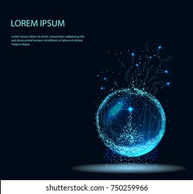 Abstract image of a snow globe ball in the form of a starry sky or space, consisting of points, lines, and shapes in the form of planets, stars and the universe. Christmassy vector wireframe concept.