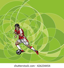 Abstract image of soccer (football) player with ball on a green background, made with circle