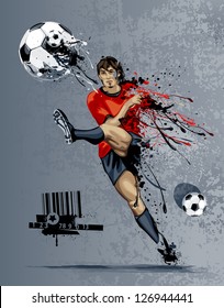 Abstract image of soccer player kicking ball with liquid effect. Graffiti style with dirty grunge elements.