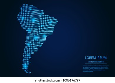 Imagen abstracta de América del Sur mapa de estrellas azules y brillantes en un fondo oscuro. Ilustración vectorial.