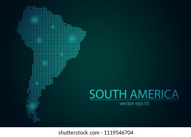Abstract Image South America Map Pixel look Emerald Green and Glowing Stars on a Dark Background. Vector illustration Eps 10.