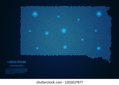 Abstract image South Dakota map from point blue and glowing stars on a dark background. vector illustration. 