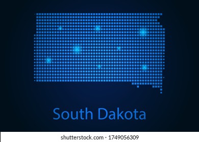 Abstract image South Dakota map from pixels blue and glowing stars on a dark background. Vector illustration eps 10.