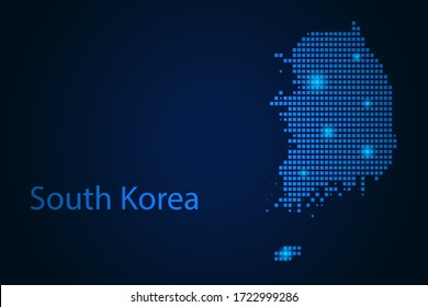 Imagen abstracta de Corea del Sur mapa de píxeles azules y brillantes estrellas en un fondo oscuro. Ilustración vectorial, pasos 10.