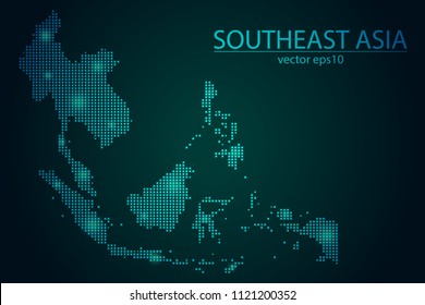 Abstract Image Southeast Asia Map Pixel look Emerald Green and Glowing Stars on a Dark Background. Vector illustration Eps 10.