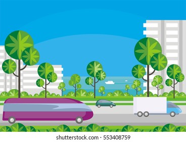 Abstract image of the southern seaside city. A city landscape with high-rise buildings, tropical plants and a view of the sea. Vector background.