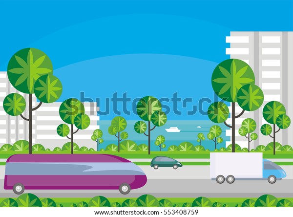 Abstract image of the southern seaside city.\
A city landscape with high-rise buildings, tropical plants and a\
view of the sea. Vector\
background.