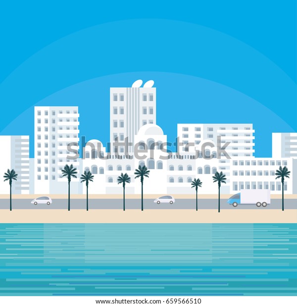 Abstract image of the southern seaside city.\
A city landscape with buildings, palm trees and a view of the sea.\
Vector background.
