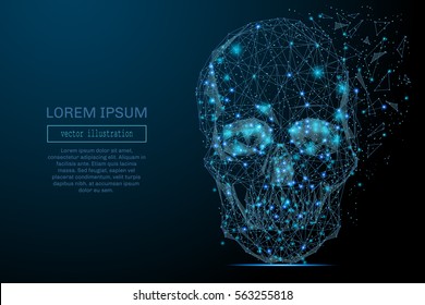 Abstract image of a space skull in the form of a starry sky or space, consisting of points, lines, and shapes in the form of planets, stars and the universe. Skull vector wireframe concept.