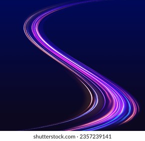 Imagen abstracta del movimiento de velocidad en la carretera. Seguimiento de la bengala del fuego de la luz del brillo del vector. Fondo abstracto azul oscuro con resplandor de neón ultravioleta, líneas de luz borrosa, ondas	