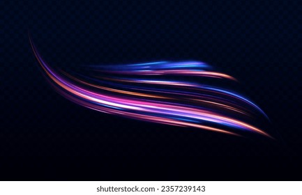 Imagen abstracta del movimiento de velocidad en la carretera. Seguimiento de la bengala del fuego de la luz del brillo del vector. Fondo abstracto azul oscuro con resplandor de neón ultravioleta, líneas de luz borrosa, ondas	