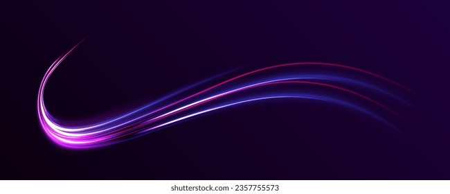 Imagen abstracta del movimiento de velocidad en la carretera. Seguimiento de la bengala del fuego de la luz del brillo del vector. Fondo abstracto azul oscuro con resplandor de neón ultravioleta, líneas de luz borrosa, ondas	