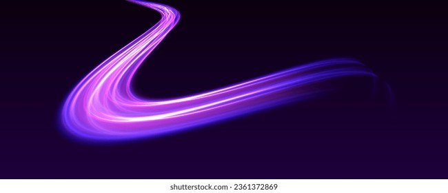 Abstract image of speed motion on the road. Vector glitter light fire flare trace. Magic shining neon light line trails. Purple glowing wave swirl, impulse cable lines. Long time exposure. Vector	