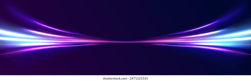 Abstract image of speed motion on the road. Vector glitter light fire flare trace. Dark blue abstract background with ultraviolet neon glow, blurry light lines, waves	