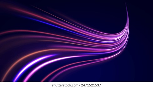 Imagen Abstractas del movimiento de la velocidad en la carretera. Vector brillo luz fuego bengala traza. Fondo abstracto azul oscuro con brillo de neón ultravioleta, líneas de luz borrosa, ondas	