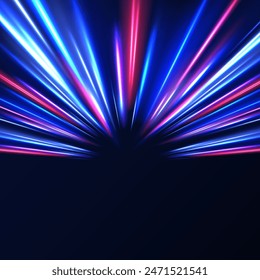 Abstract image of speed motion on the road. Vector glitter light fire flare trace. Dark blue abstract background with ultraviolet neon glow, blurry light lines, waves	