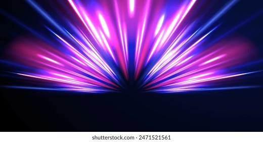 Abstract image of speed motion on the road. Vector glitter light fire flare trace. Dark blue abstract background with ultraviolet neon glow, blurry light lines, waves	