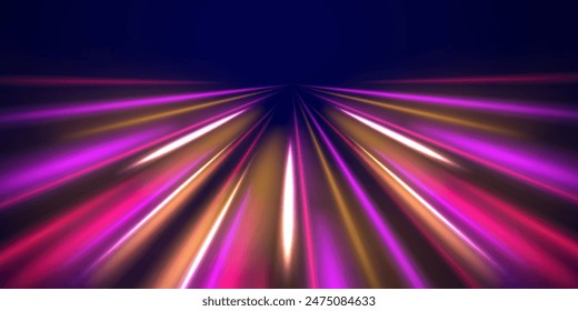 Imagen Abstractas del movimiento de la velocidad en la carretera. Vector brillo luz fuego bengala traza. Fondo abstracto azul oscuro con brillo de neón ultravioleta, líneas de luz borrosa, ondas	